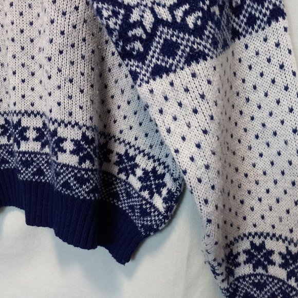 Vintage Men's Blue White Nordic Fair Isle Winter Knit Sweater  LG (T-346) - Picture 6 of 11